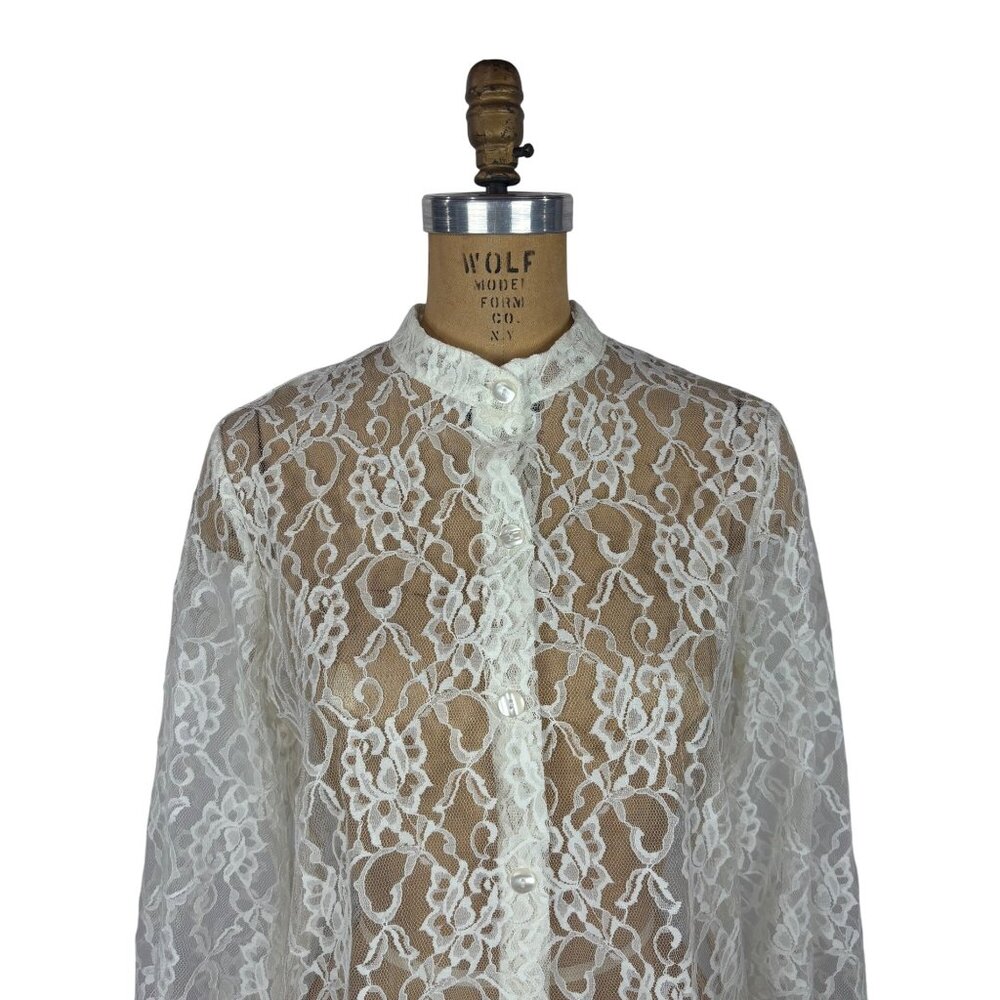 Blair Lace Blouse Womens Medium Sheer Cream Long Sleeve Button Down Shirt - Picture 4 of 10